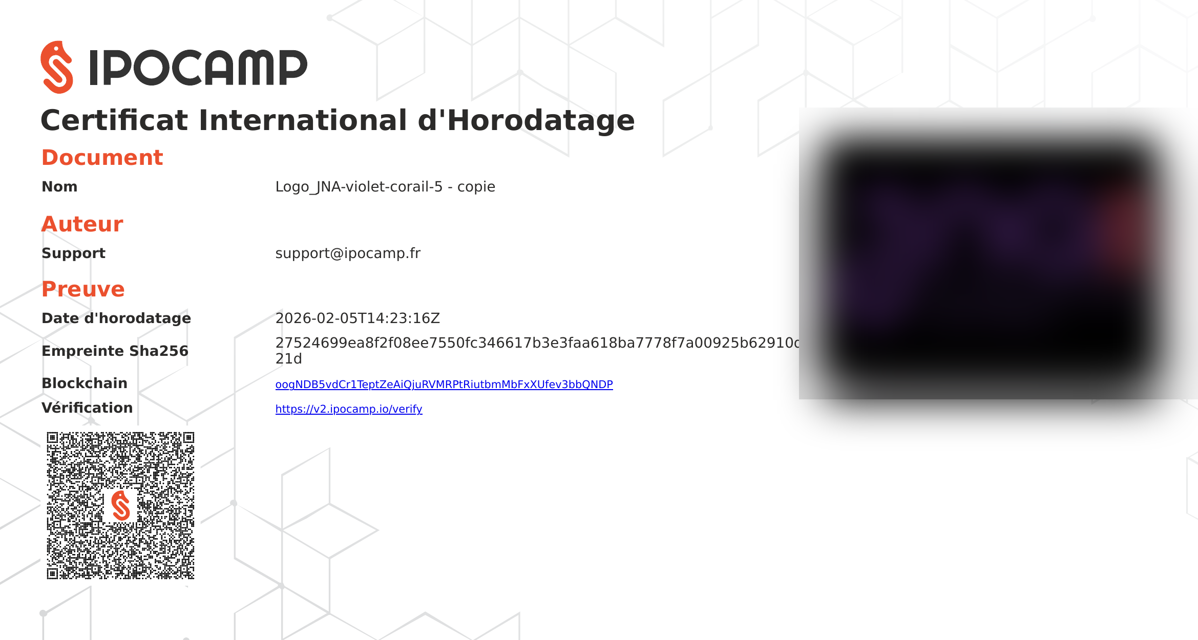 Exemple de certificat international d'horodatage délivré par Ipocamp