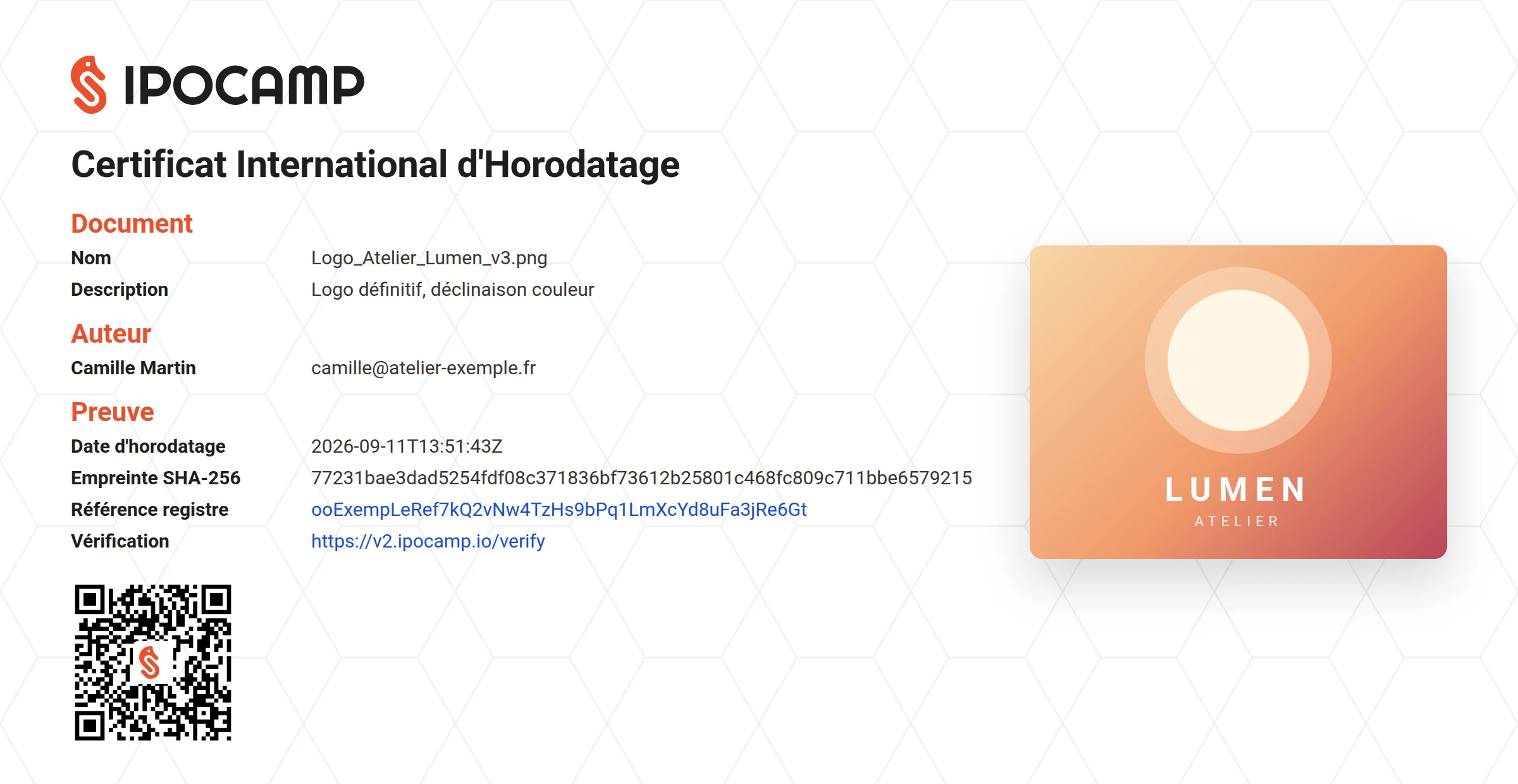 Certificat d'horodatage : empreinte, date, référence registre et QR code de vérification